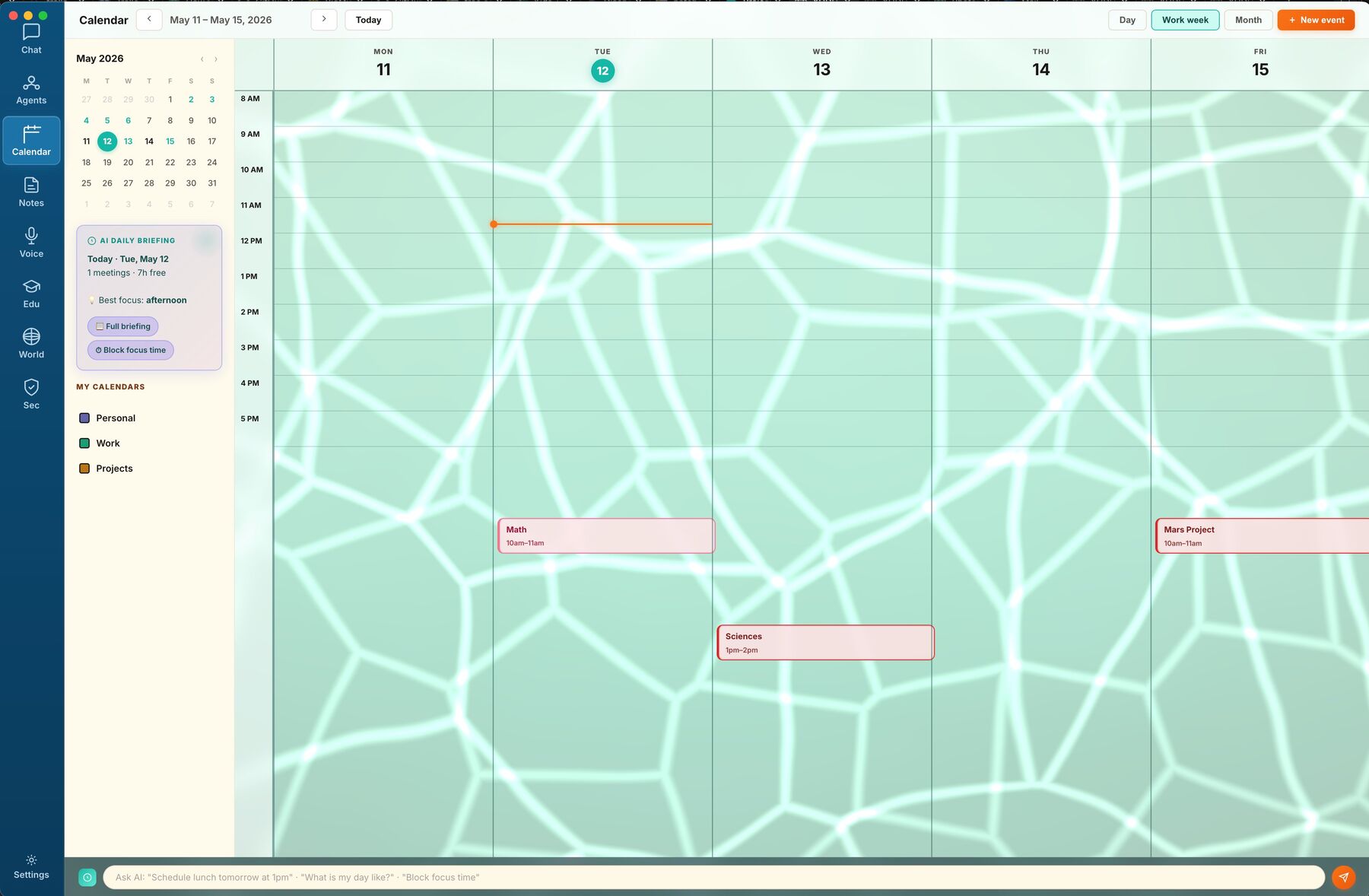 AI Calendar — week view with Math, Sciences, Mars Project lessons