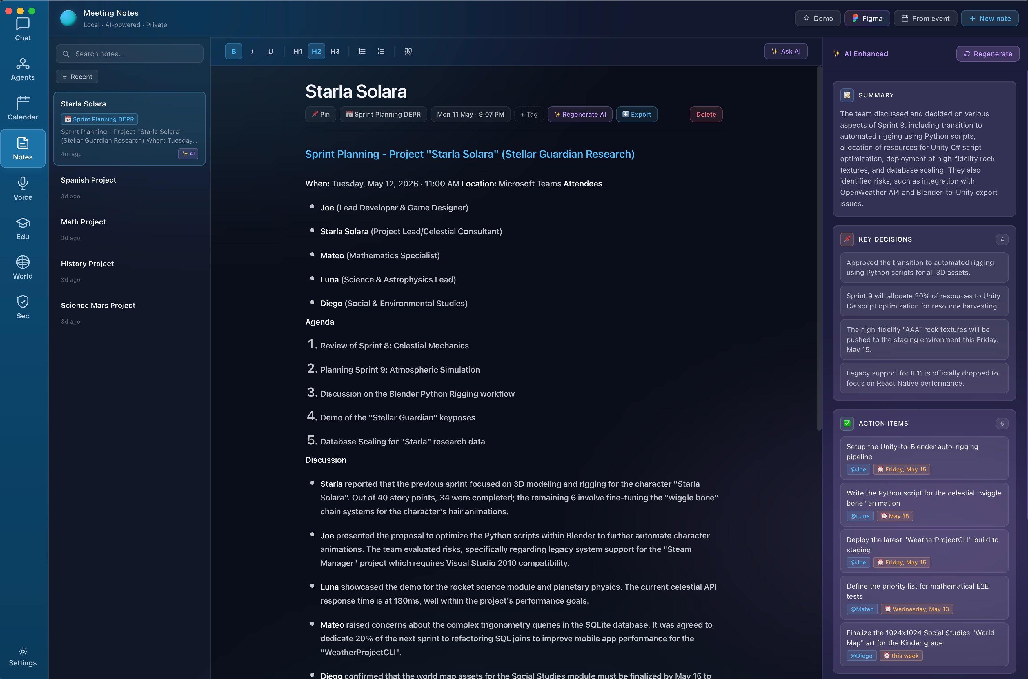 AI Notes — meeting summary with decisions and action items