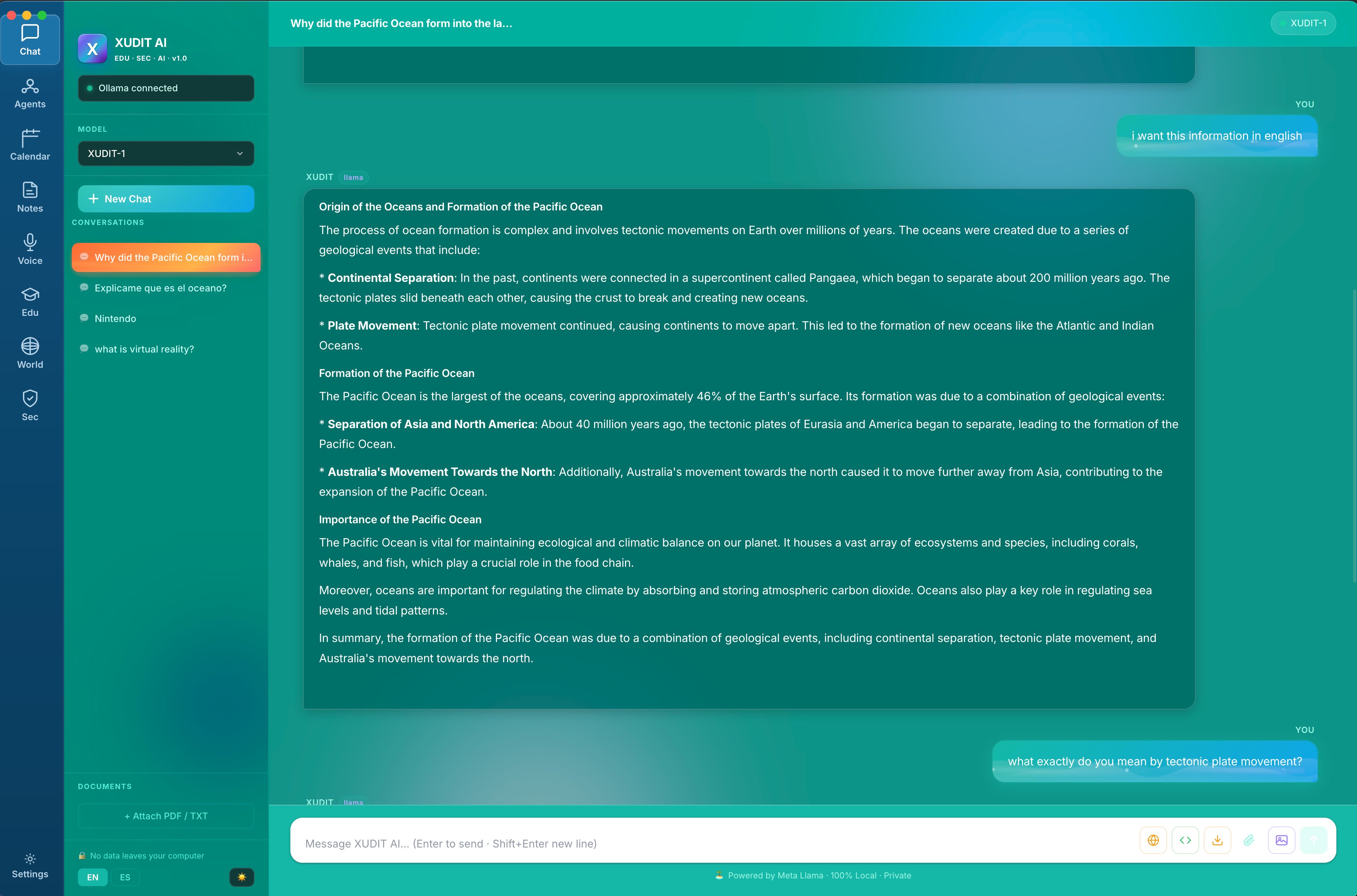 AI Chat — XUDIT-1 explaining the Pacific Ocean in a science conversation